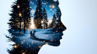 Double exposure silhouette of young woman's profile merged with snowy winter forest landscape at night, glowing stars and magical lights create dreamy atmosphere.