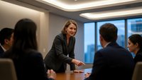 Professional businesswoman leading corporate meeting in modern conference room with diverse team discussing strategy and collaboration.
