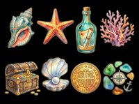 Treasure hunt collection with seashell, starfish, message bottle, coral, treasure chest, pearl shell, gold coin, and gemstones isolated on transparent background. Ready for t-shirt designs, clipart, stickers, print-on-demand products, and sublimation projects.