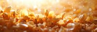 Fallen autumn leaves in warm sunlight creating magical bokeh effect with golden morning light filtering through foliage on forest floor.