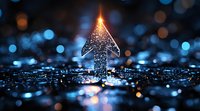 Glowing upward arrow with sparkles on dark background with blue bokeh lights. Abstract financial growth concept showing success and achievement.