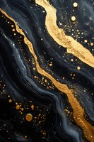 Luxurious black marble texture with gold veins and splashes on dark background. Abstract fluid art pattern with metallic golden elements and wavy lines.