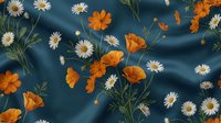 Orange poppies and white daisies scattered on flowing blue silk fabric creating elegant floral pattern for fashion textile design and home decor projects.