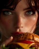 Close-up portrait of young woman with freckles, green eyes and dark hair holding a cheeseburger, perfect for food advertising or lifestyle content.