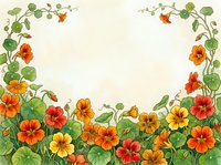 Watercolor nasturtium floral border with orange, red, and yellow blooms and green leaves, forming a decorative frame with copy space.