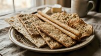 Sliced whole grain bread with seeds on ceramic plate, displayed with butter and coffee cup on rustic linen tablecloth near window for breakfast or bakery concepts.