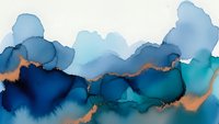 Abstract watercolor landscape with flowing blue and teal ink washes creating mountain-like forms with golden accents on textured paper background.