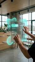 Businessman interacting with holographic task management interface displaying project data and client information in modern office environment with large windows.