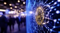 Glowing digital network sphere with connected dots and lines floating in dark space, crowd silhouettes in background. Futuristic technology concept.