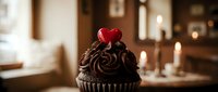 Decadent chocolate cupcake with rich frosting and red heart decoration on romantic candlelit table setting for Valentine's Day celebration.