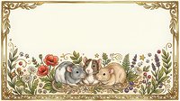 Three cute mice nestled among wildflowers and herbs in a vintage botanical frame, soft cream background with golden border, greeting card art.