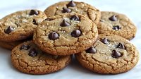 Fresh baked chocolate chip cookies with crispy golden edges and soft centers, scattered with dark chocolate morsels on white background for food photography.