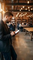 Bearded businessman using smartphone in modern industrial office space with exposed brick walls and string lights for mobile technology concepts.