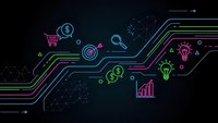 Digital technology pathway with neon business icons including lightbulbs, charts, shopping cart, and dollar signs on dark background for presentations.