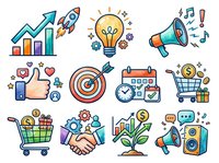 Startup business growth icons with rocket, lightbulb, megaphone, thumbs up, target, calendar, shopping cart, handshake and money symbols isolated on white background for marketing and entrepreneurship.