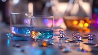 Colorful cocktail glasses with neon blue and orange lighting effects on reflective surface, surrounded by decorative crystal elements creating magical party atmosphere.