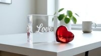 Acrylic block with engraved Love inscription beside a red glass heart on a white table, soft natural light, romantic home decor concept.