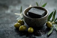 Black soap bar in rustic ceramic bowl with fresh green olives and olive tree leaves on dark textured background. Natural skincare concept.