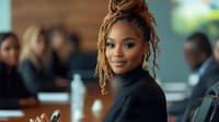 Professional African American businesswoman with dreadlocks in black blazer smiling confidently during corporate meeting in modern office conference room.
