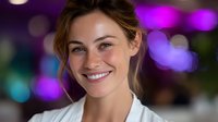 Young Caucasian woman with natural makeup and white blouse smiling warmly at camera against blurred purple and blue bokeh lights background, radiating positive energy.