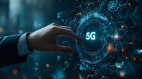 Businessman hand touching futuristic 5G network interface with glowing hexagonal elements and digital circles in dark blue technological background.
