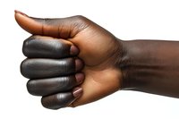 African American female hand showing thumbs up gesture against white background, manicured nails visible, positive approval sign isolated for design use.