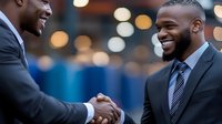 African American businessmen in suits shaking hands and smiling during professional meeting, with blurred bokeh city lights background creating warm atmosphere.