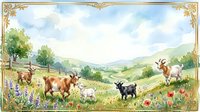 Goats grazing in pastoral meadow with wildflowers, mountains, and ornate gold frame border, suitable for farmhouse decor, children's books, and rustic design projects.