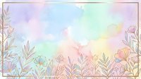 Soft pastel watercolor background with golden floral border, delicate botanical line art in pink, purple, mint and peach tones.