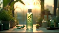 Transparent bottle with natural cosmetic product and green plant extract on window sill at sunset, with aloe vera leaf and potted herbs creating spa atmosphere.