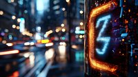 Digital countdown timer display on urban street with blurred city lights, traffic and bokeh effects in rainy evening creating futuristic atmosphere.