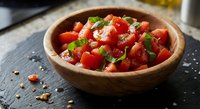 Fresh homemade salsa with diced tomatoes, onions and cilantro in rustic wooden bowl on dark slate surface for Mexican cuisine and cooking recipes.