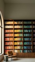 Modern home library with color-coordinated books arranged in floor-to-ceiling wooden shelves creating rainbow gradient pattern for interior design.