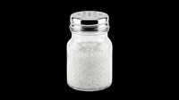 Glass salt shaker with metal lid, filled with white salt crystals, isolated on transparent background. Great for stickers, clipart, t-shirt design, and print on demand.