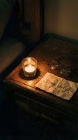 Candlelit wooden nightstand with crumpled note reading I am sorry, glasses beside warm glowing candle, moody emotional atmosphere.