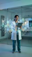 Female doctor using digital tablet with holographic medical icons in modern hospital corridor for healthcare technology and innovation concepts.