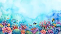 Watercolor underwater scene with colorful coral reef and tropical fish on a blue ocean background, perfect for cards and wall art.