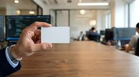 Hand holding blank white business card in modern office environment with colleagues working in background, suitable for corporate branding and professional networking materials.