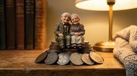 Elderly couple figurines sitting together on stack of coins in warm home interior with books and lamp creating cozy financial planning concept.