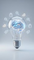 Light bulb with glowing brain inside surrounded by business icons representing innovation, creativity and entrepreneurship concepts for marketing solutions.