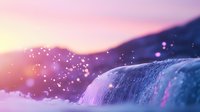 Magical winter landscape with glowing bokeh lights and snow particles against purple sunset sky, mountain silhouette covered in fresh powder snow.