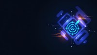 Futuristic digital target with glowing neon elements and geometric shapes on dark background for technology and business concepts.