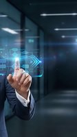 Businessman in formal suit touching digital interface with glowing circuit diagrams and blue arrows in modern server room, representing technology innovation and data management solutions.