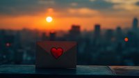 Black envelope with red heart seal against urban sunset skyline, creating romantic silhouette with golden sun and blurred city backdrop at dusk.
