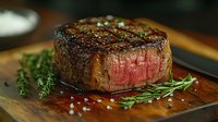 Grilled beef tenderloin steak cooked medium rare with fresh rosemary sprigs and sea salt crystals on rustic wooden cutting board, close up view of juicy meat.