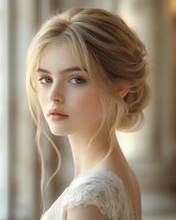 Young Caucasian woman with blonde hair in elegant updo, wearing white lace dress. Soft natural makeup, blue eyes, and delicate features create romantic bridal portrait.