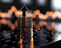 Stack of silver coins with upward arrow symbol on dark background with golden bokeh lights, representing financial growth and investment success.