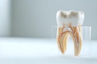 Anatomical model of human tooth cross section showing root structure, nerves and blood vessels in transparent acrylic block on light background.
