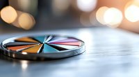 Colorful pie chart segments on metallic surface with soft bokeh lights in background, modern business analytics and data visualization concept for presentations.