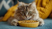Fluffy long-haired tabby cat lying near yellow bowl of dry food on blue couch, looking at camera with bright amber eyes against warm yellow background.